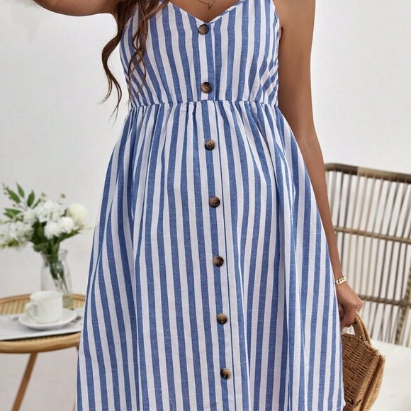 Blue And White Casual Women's Maternity Striped Print Button Front Cami Dress - Picture 3 of 5